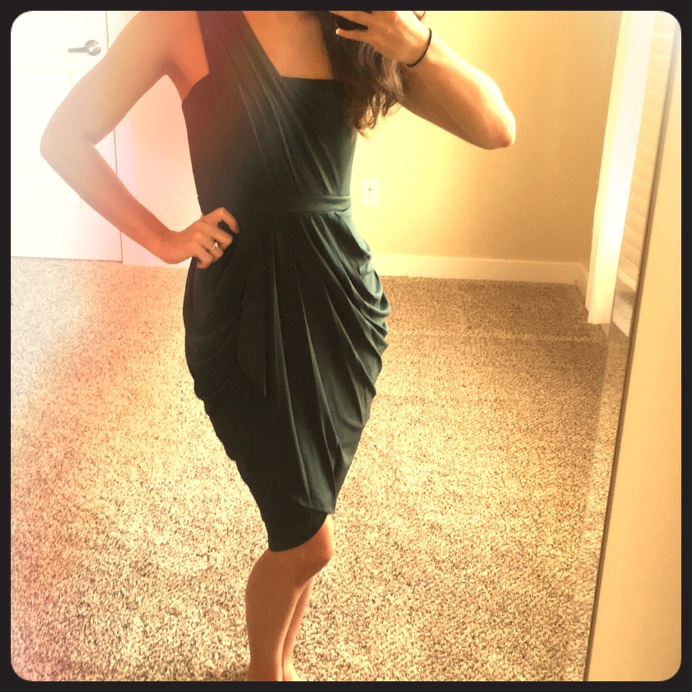 BCBG Forest Green One Shoulder Dress